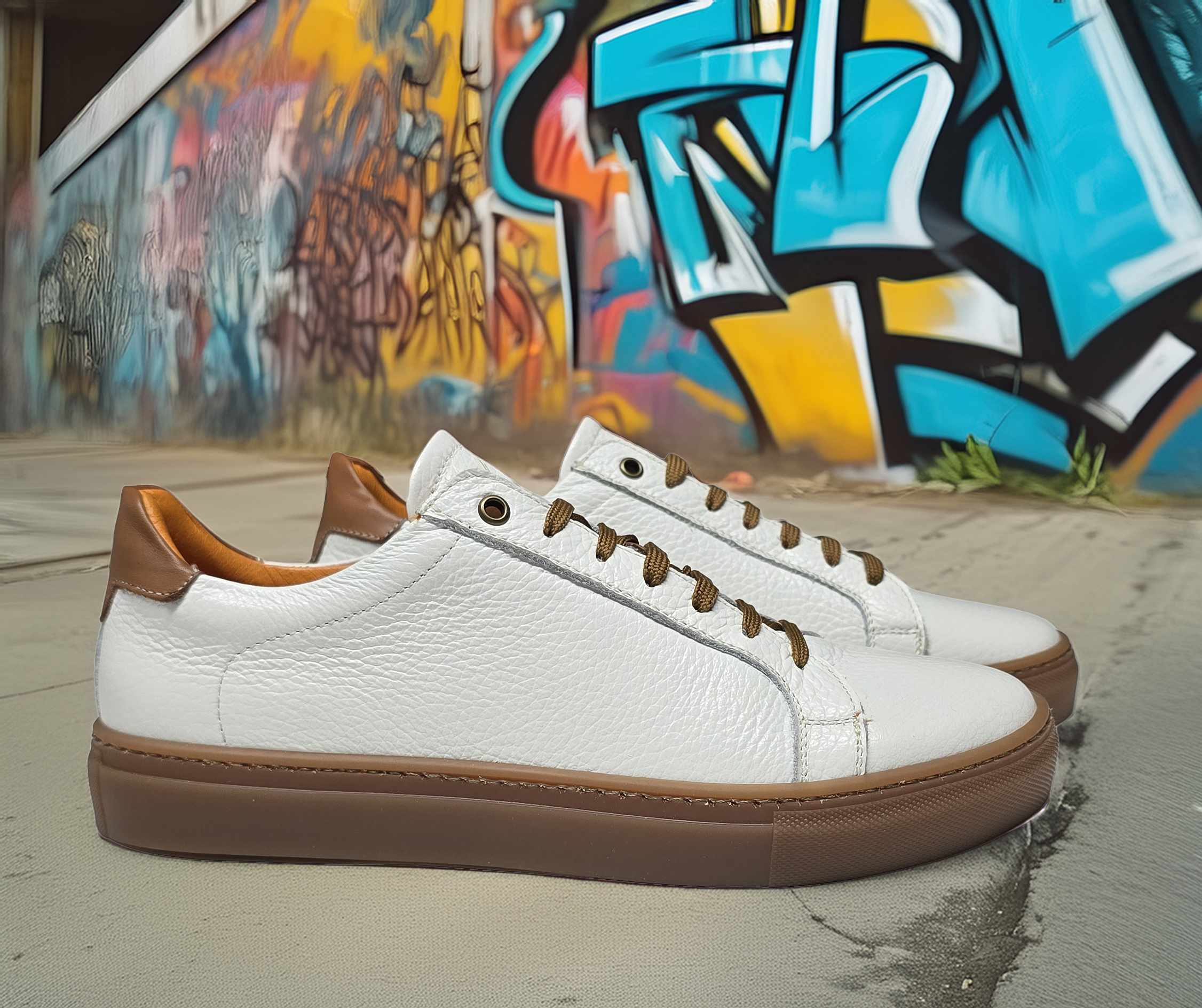 Sneakers Bianche in Pelle con Dettagli Cognac e Suola Marrone