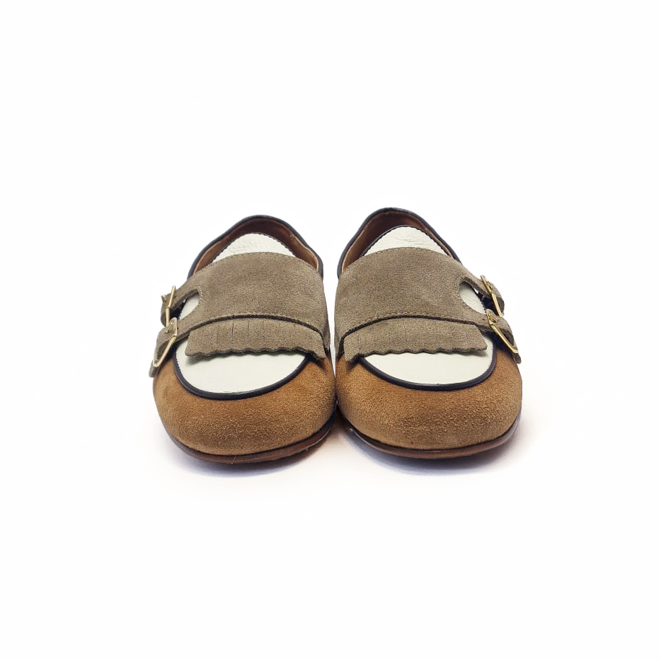 Eleganti Double Monk con Frange in Suede Color Cuoio e Inserti