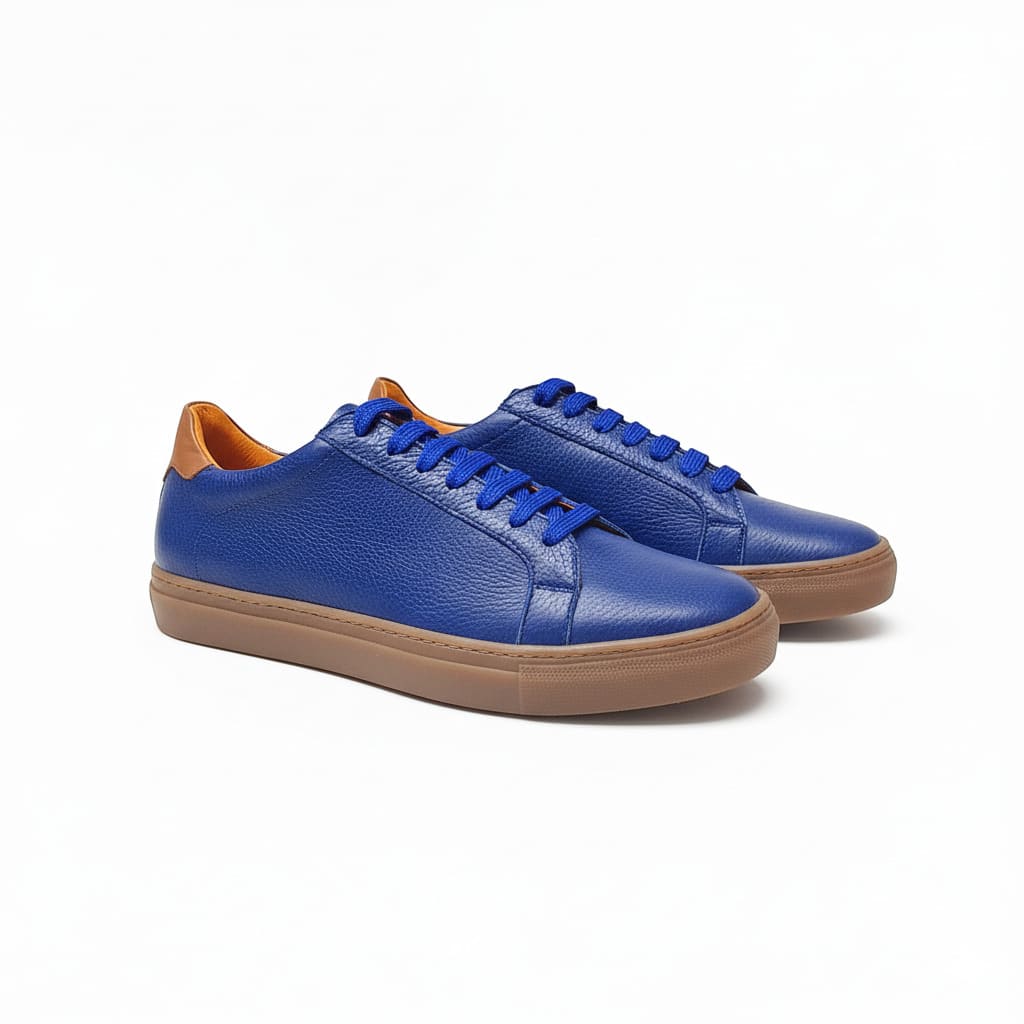 Sneakers in Pelle Blu Elettrico con Dettagli Cognac e Lacci Blu - Zero55lab