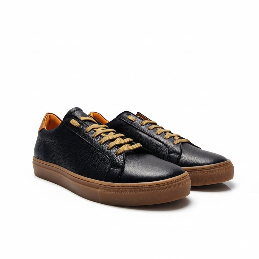 Sneakers Nere in Pelle con Dettagli Cognac e Lacci Beige - Zero55lab